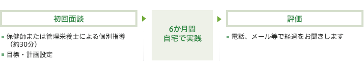 初回面談:保健師または管理栄養士による個別指導（約30分）、目標・計画設定→6か月間自宅で実践→評価:電話、メール等で経過をお聞きします