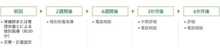 初回:保健師または管理栄養士による個別指導（約30分）、目標・計画設定→2週間後:個別栄養指導→6週間後:電話相談→3か月後:中間評価、電話相談→6か月後:評価、電話相談